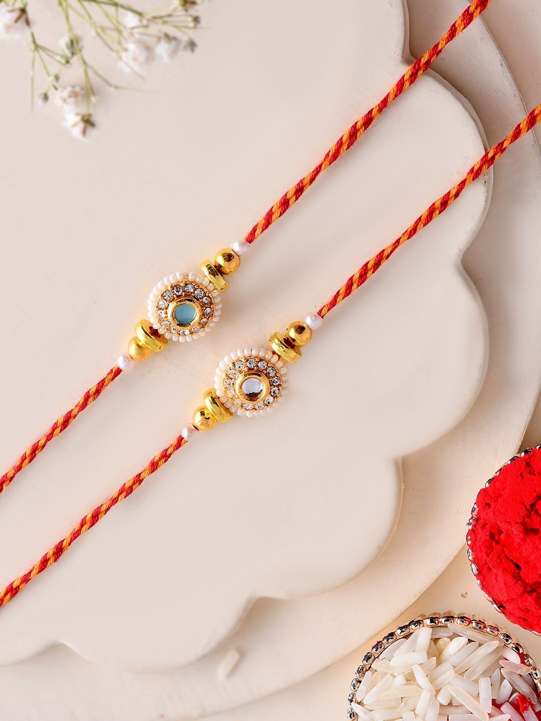 Anouk Set Of 2 Designer Stones-Studded & Beaded Rakhi Greeting Card & Roli Chawal-image-38