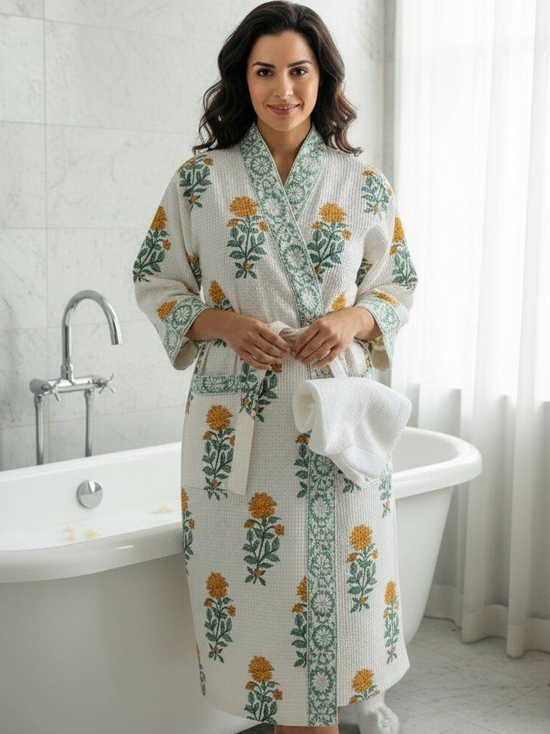 Jinaya's Printed Waffled Cotton Knee Length Bath Robe-picture-19