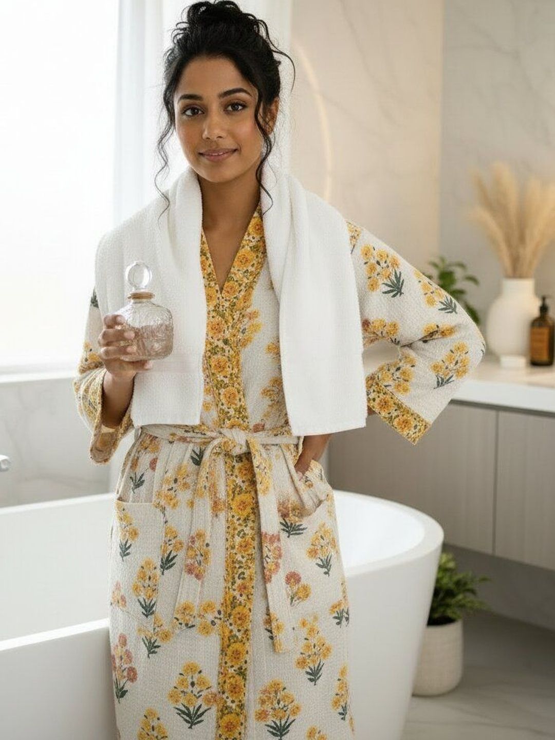 Jinaya's Printed Waffled Cotton Knee Length Bath Robe-picture-18