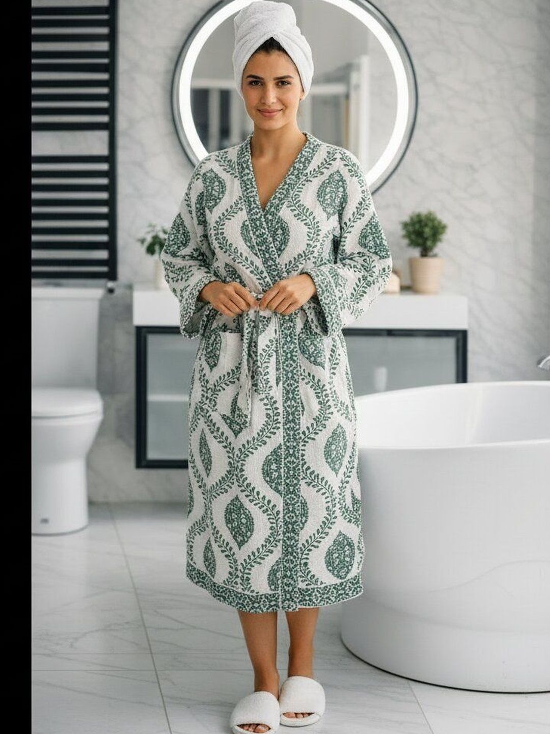 Jinaya's Printed Pure Cotton Knee Length Bath Robe-picture-11
