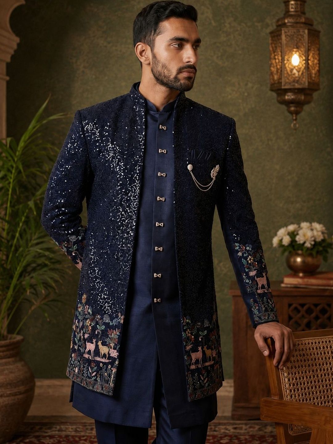 Jompers Embroidered Mandarin Collar Sherwani Set-picture-27