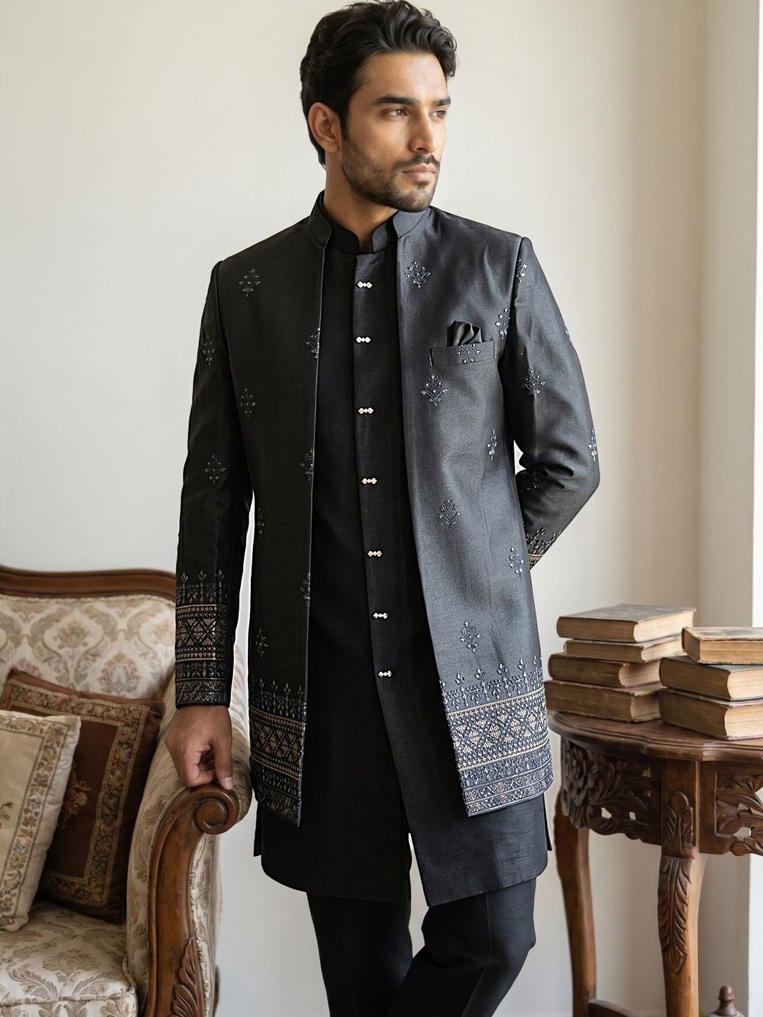 Jompers Embroidered Mandarin Collar Sherwani Set-picture-31