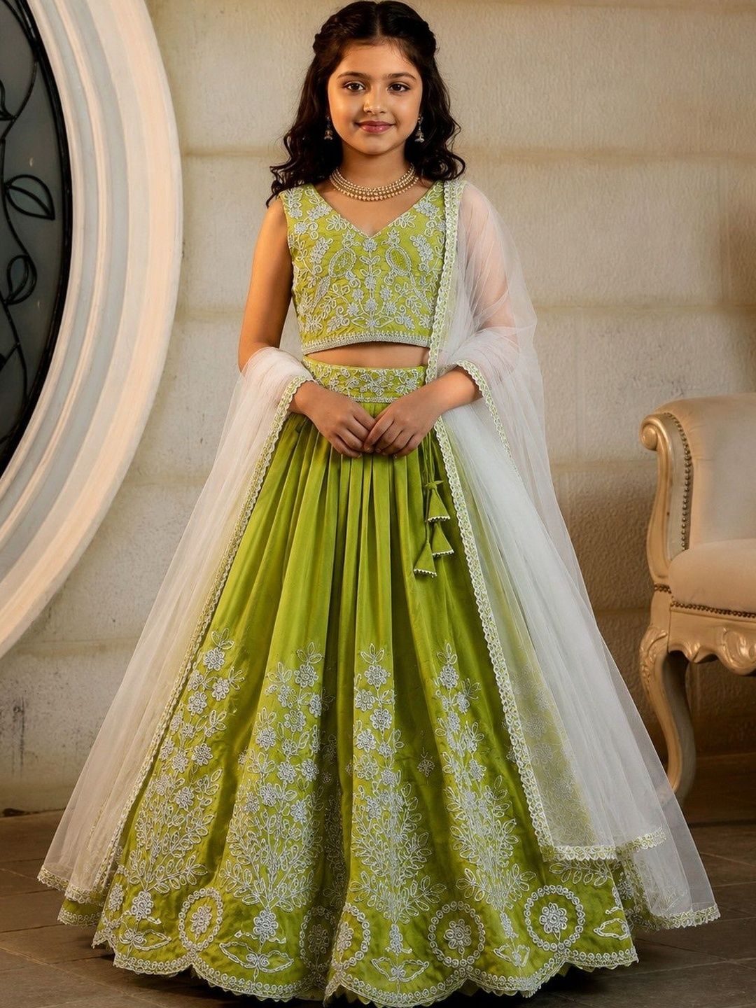 KALINI Girls Embroidered Thread Work Ready to Wear Lehenga & Blouse With Dupatta-picture-14