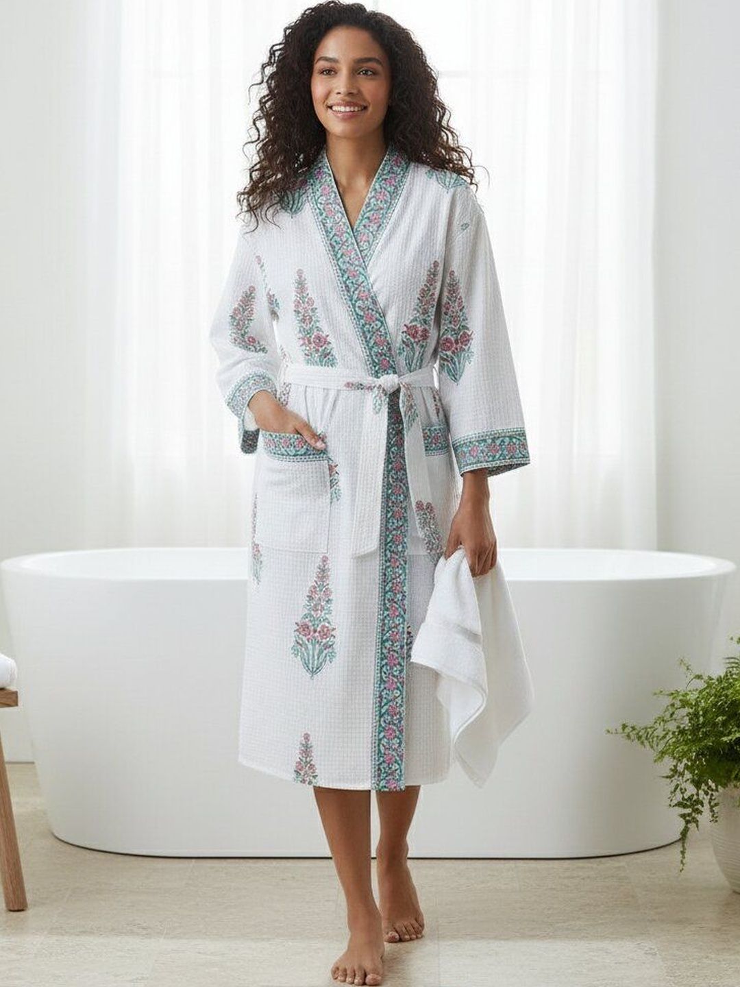 Jinaya's Printed Waffled Cotton Knee Length Bath Robe-picture-26