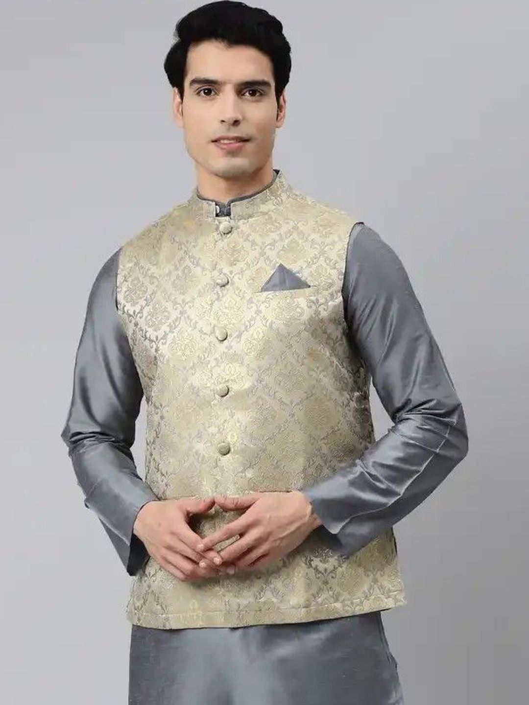 Tulsattva Woven Design Mandarin Collar Neck Woven Nehru Jacket-image-20