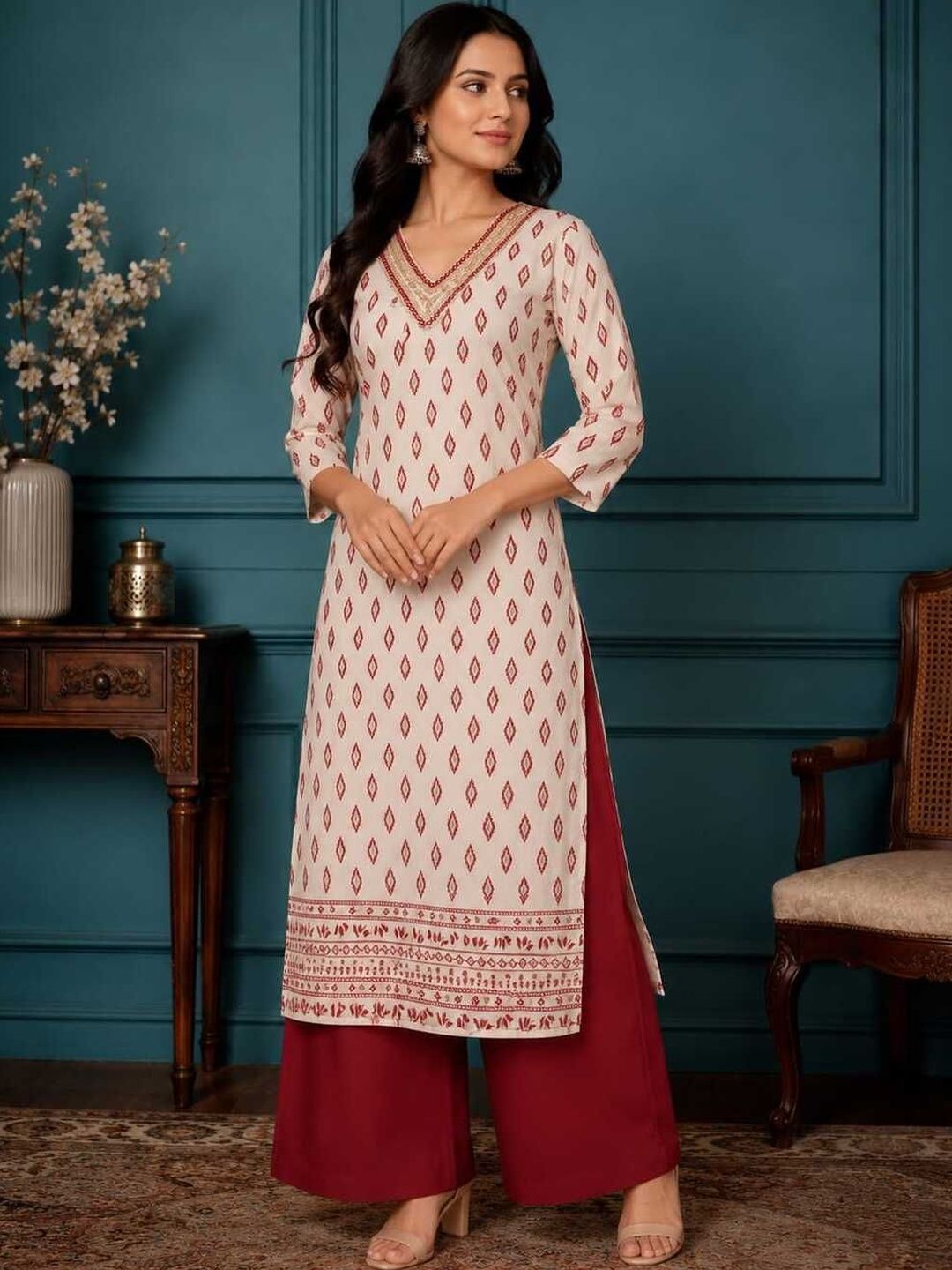 Crazy Needle Geometric Printed V-Neck Thread Work Kurti-picture-12