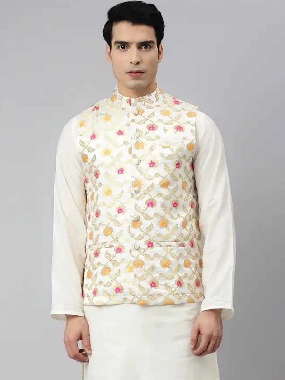 Tulsattva Embroidered Mandarin Collar Neck Woven Nehru Jacket-image-7