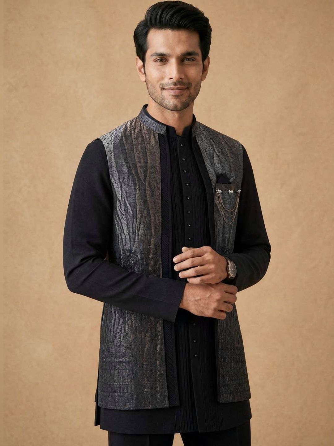 Manyavar Stone And Embroidered Mandarin Collar Indo Western Set-picture-50