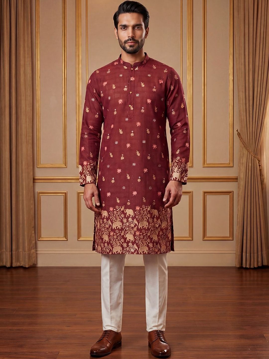 House of Pataudi Men Ethnic Motifs Embroidered Thread Work Kurta-picture-30