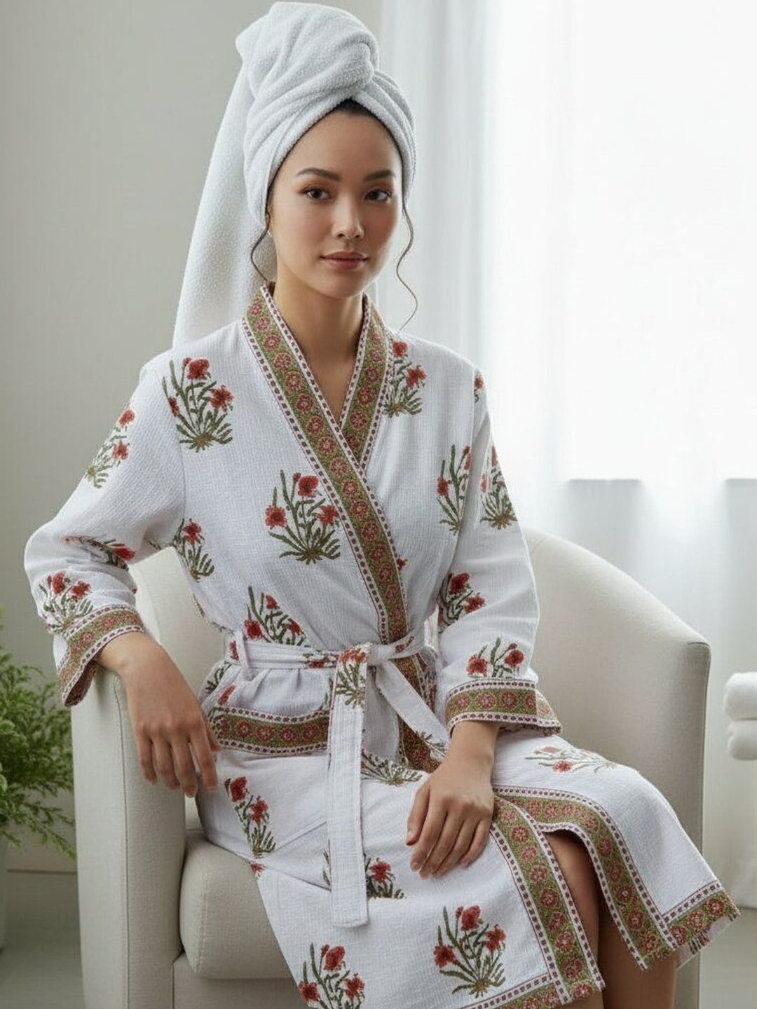 Jinaya's Printed Pure Cotton Knee Length Bath Robe-picture-20