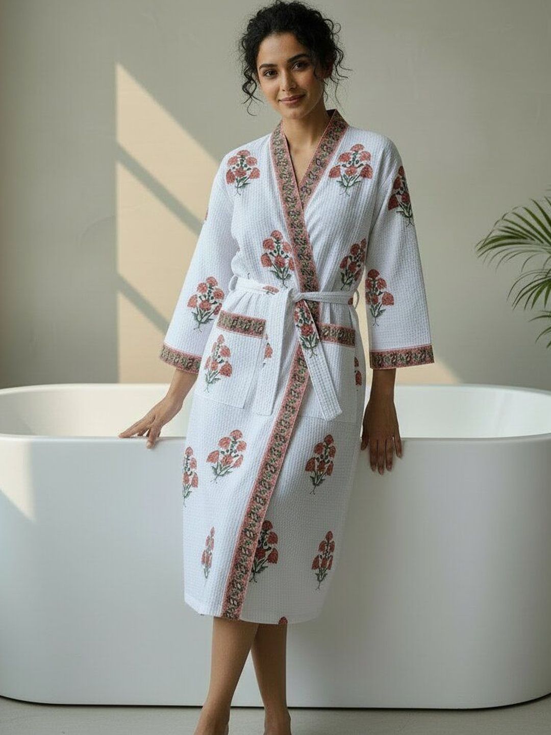 Jinaya's Printed Waffled Cotton Knee Length Bath Robe-picture-21