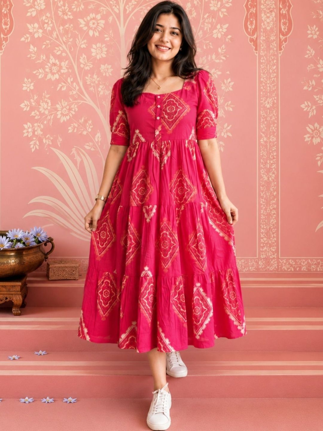 NAVYAAZRI Ethnic Motifs Print Puff Sleeve A-Line Midi Dress-picture-49