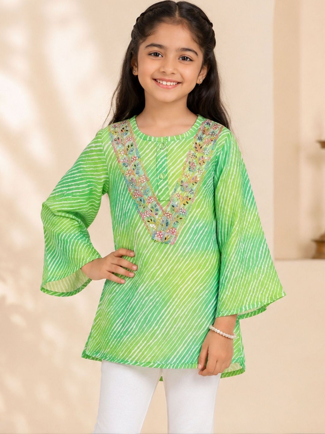 KiddoPanti Girls Printed Flared Sleeves Thread Work Kurta-picture-27