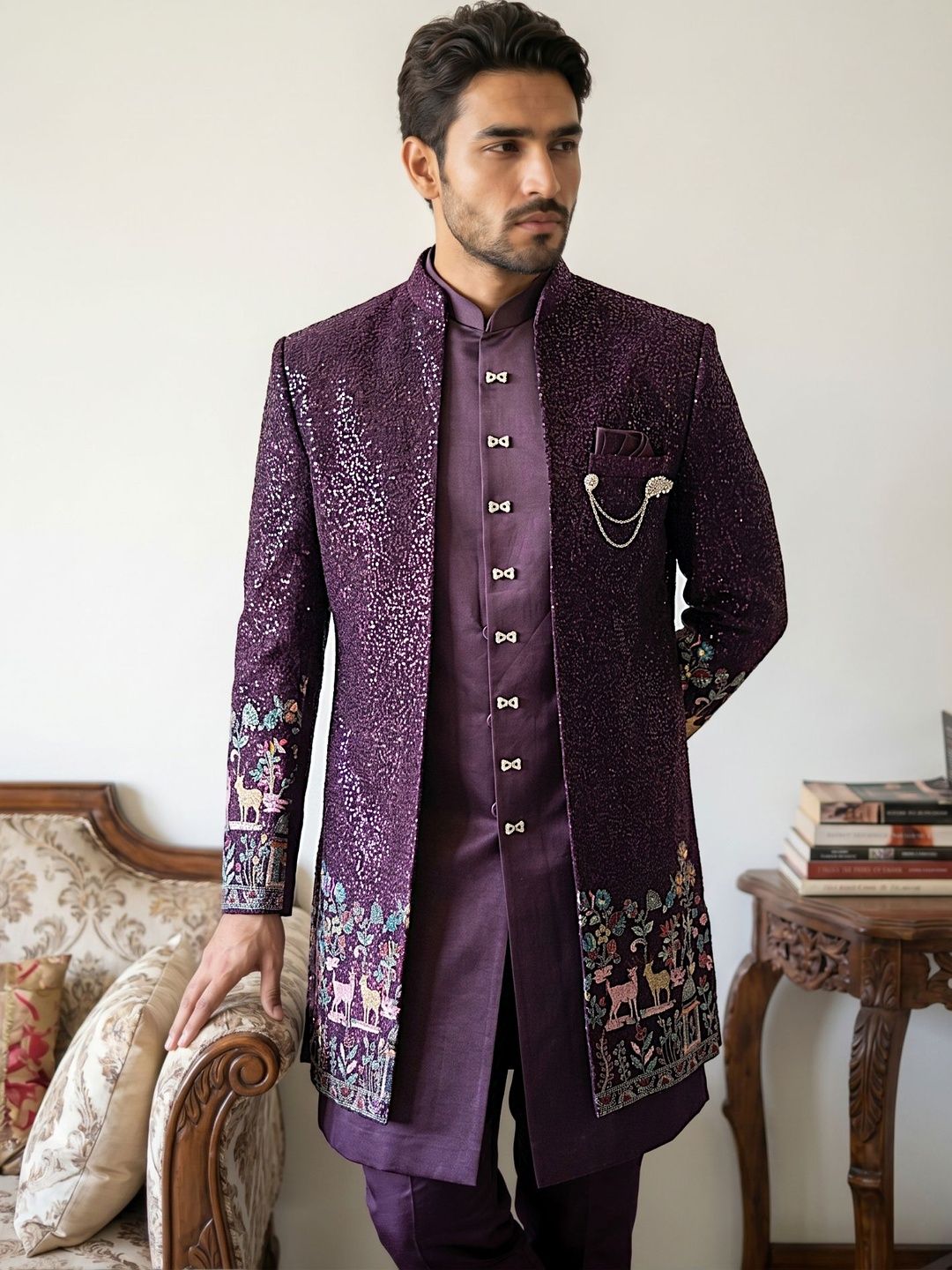 Jompers Embroidered Mandarin Collar Sherwani Set-picture-20