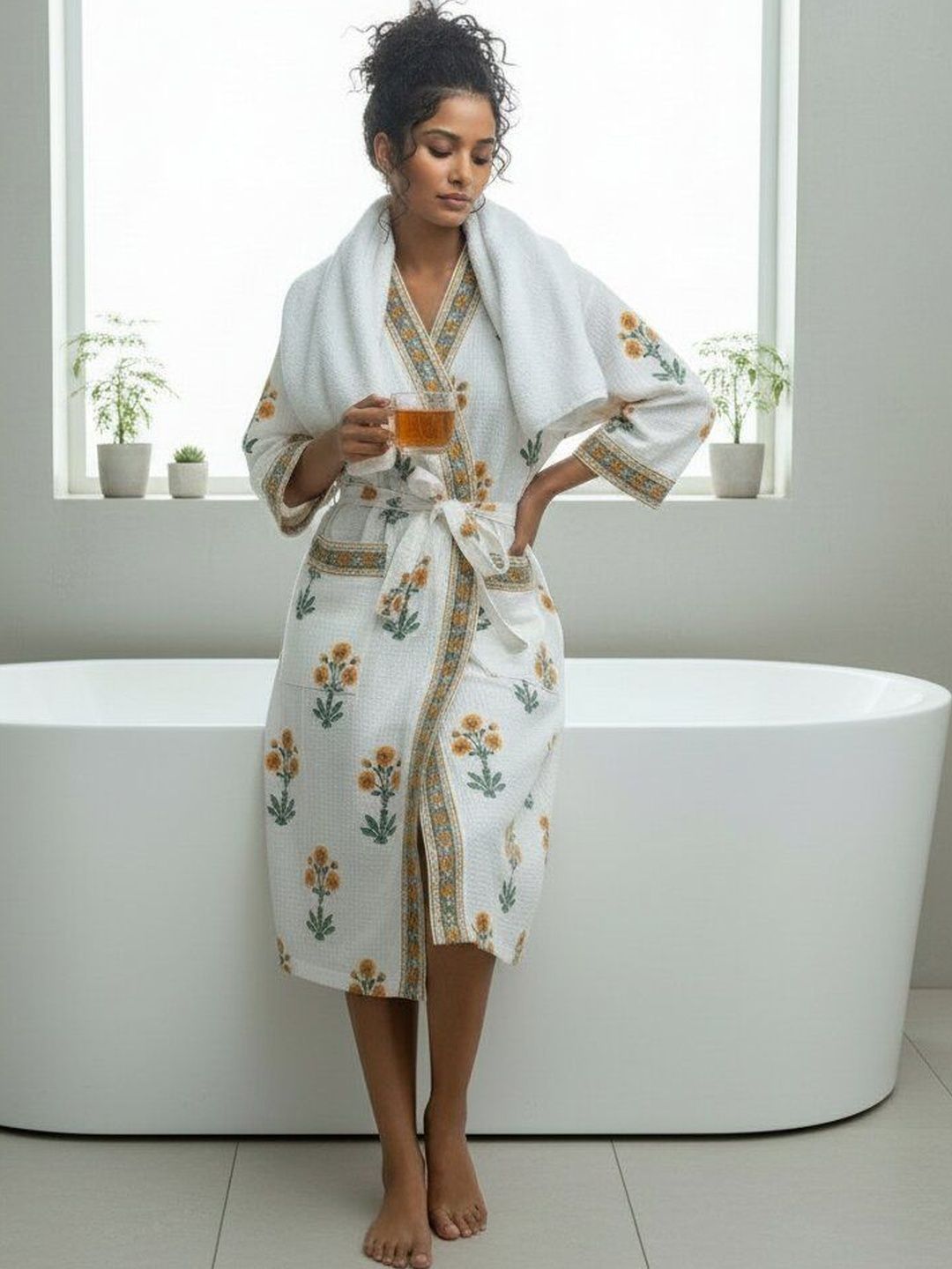 Jinaya's Printed Waffled Cotton Knee Length Bath Robe-picture-21