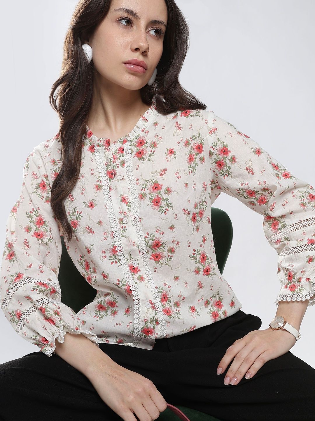 HERE&NOW Floral Print Bishop Sleeves Ruffles Cotton Top-picture-33