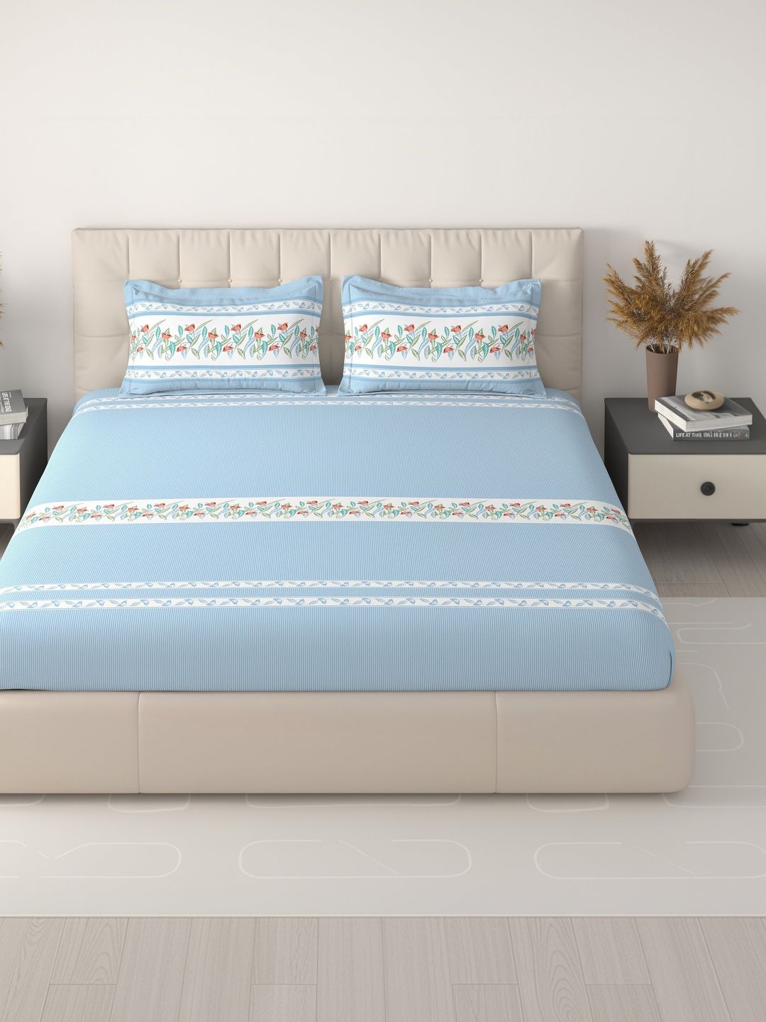 Sangria Blue & White Floral 160 TC Bedsheet with 2 Pillow Covers-picture-56