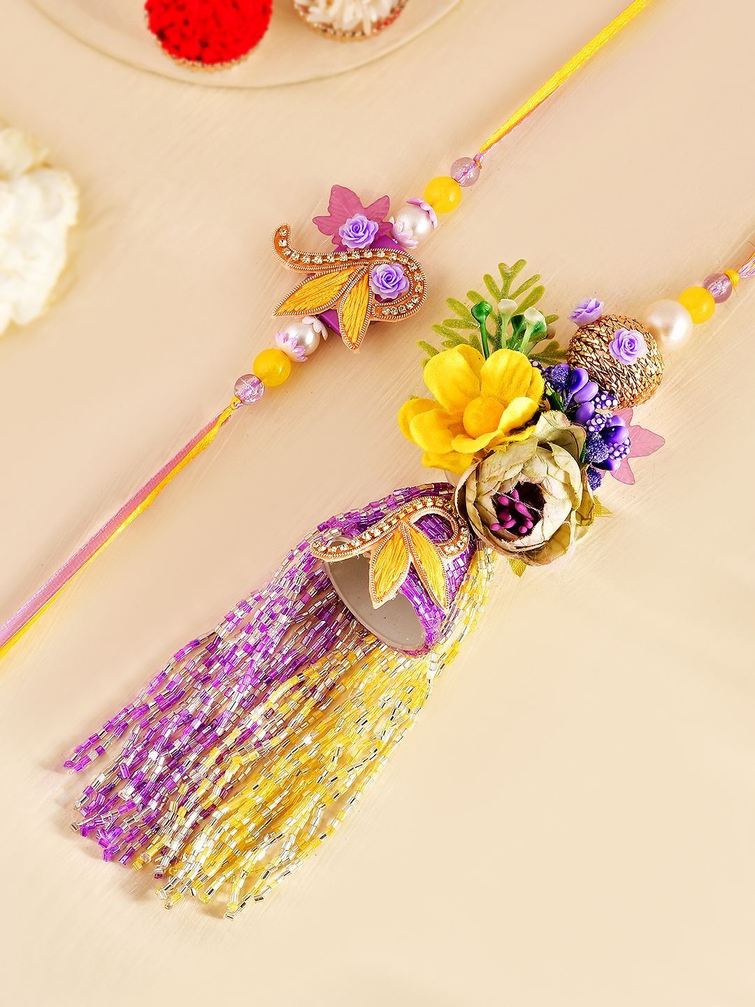 Sangria Set Of 2 Bell & Long Tassels Bhaiya Bhabhi Rakhi & Roli Rice with Greeting Card-picture-27