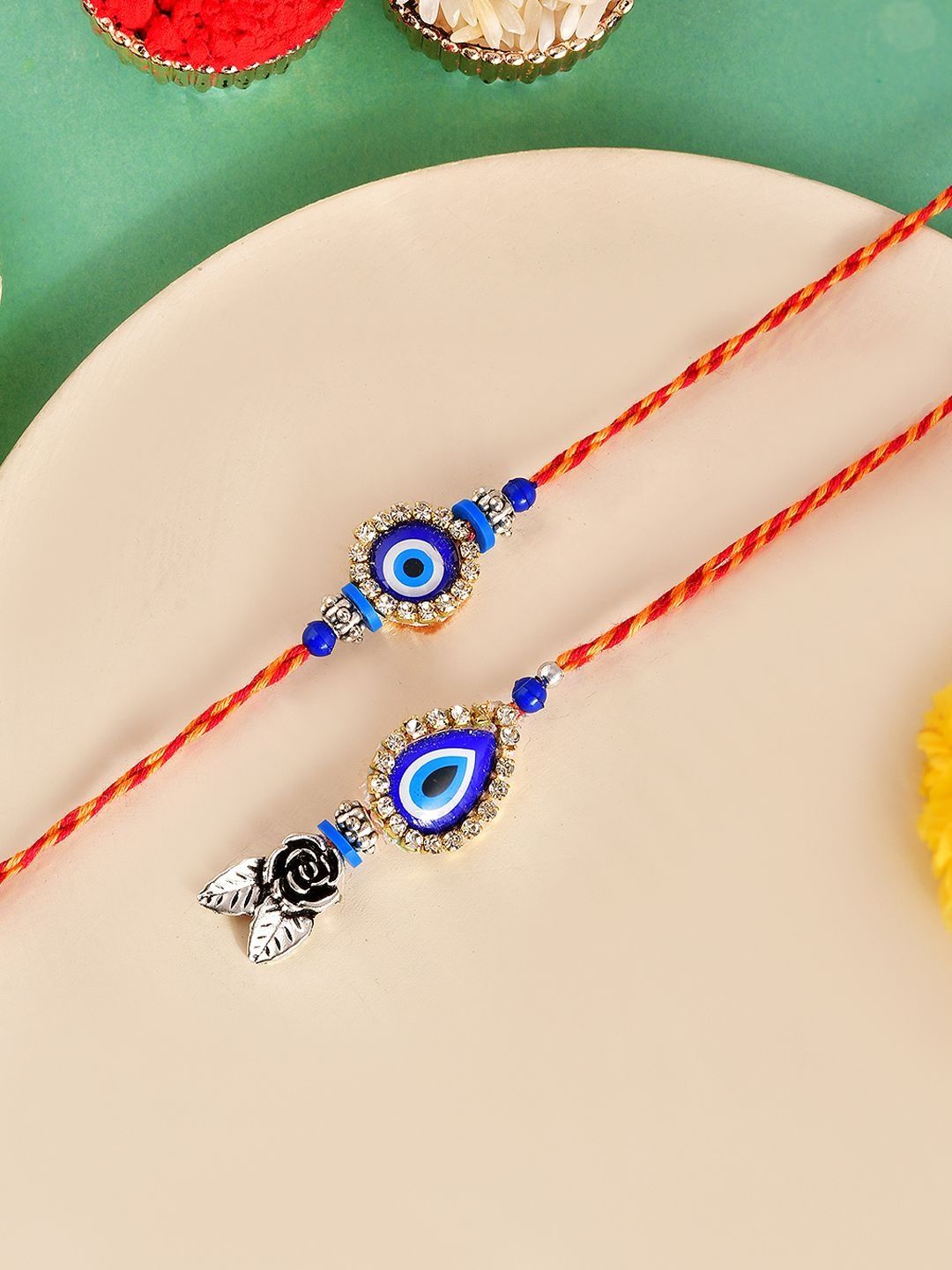 Sangria Set Of 2 Evil Eye Floral Charm Bhaiya Bhabhi Rakhi & Roli Rice with Greeting Card-picture-35