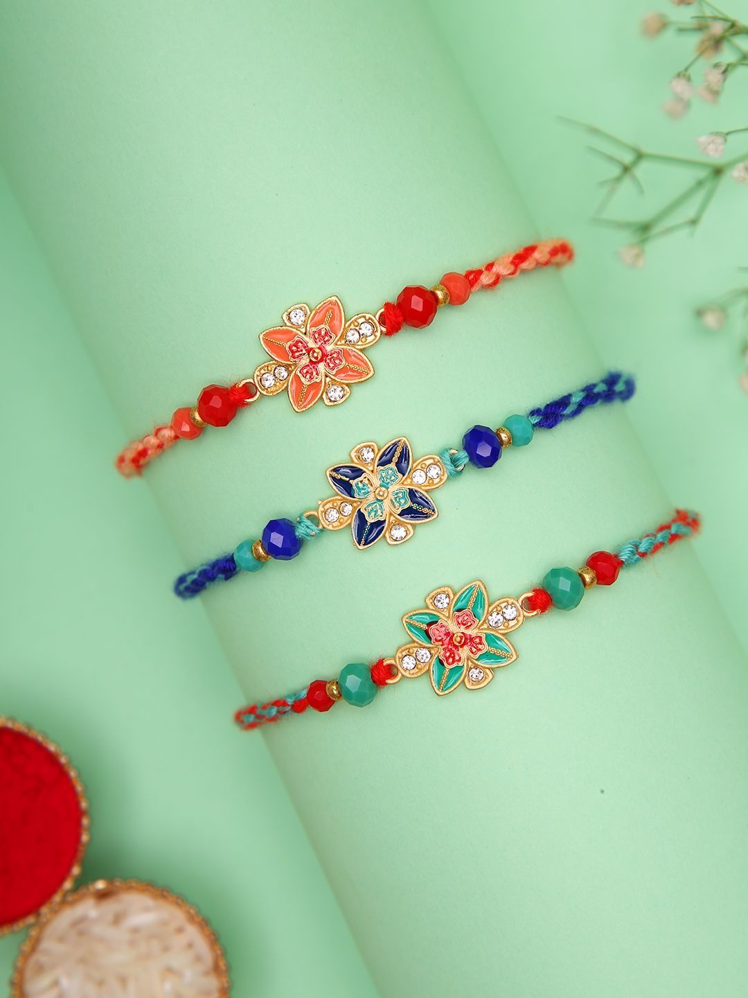 Sangria Set of 3 American Diamond Studded & Beaded Rakhi & Roli Rice with Greeting Card-picture-42