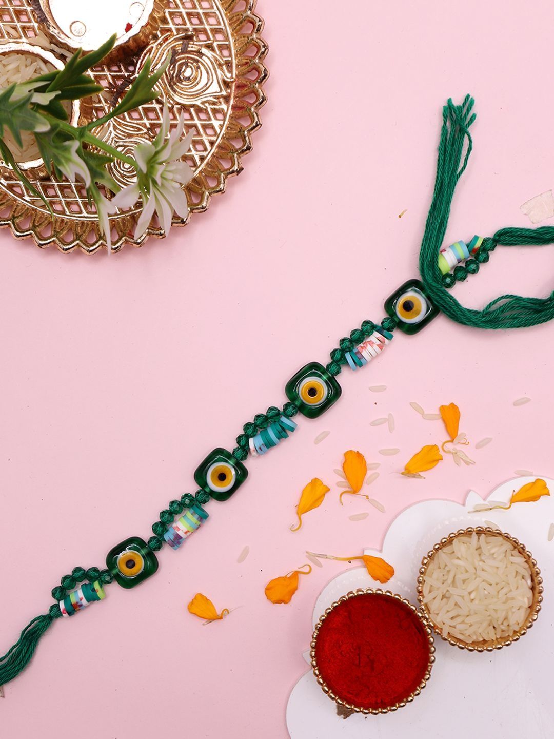 Sangria Beaded Boho Evil Eye Rakhi & Roli Rice with Greeting Card-picture-14