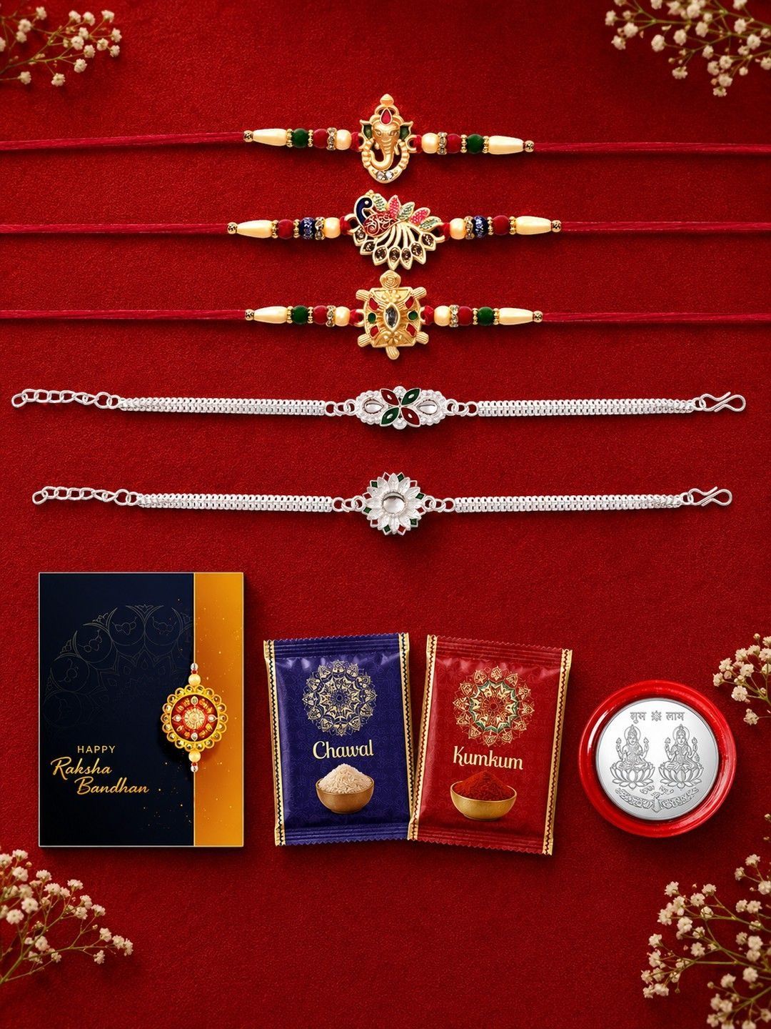 DeoDap Set of 5 Rakhi With Roli Chawal, Silver Coin & Greeting Card-image-30