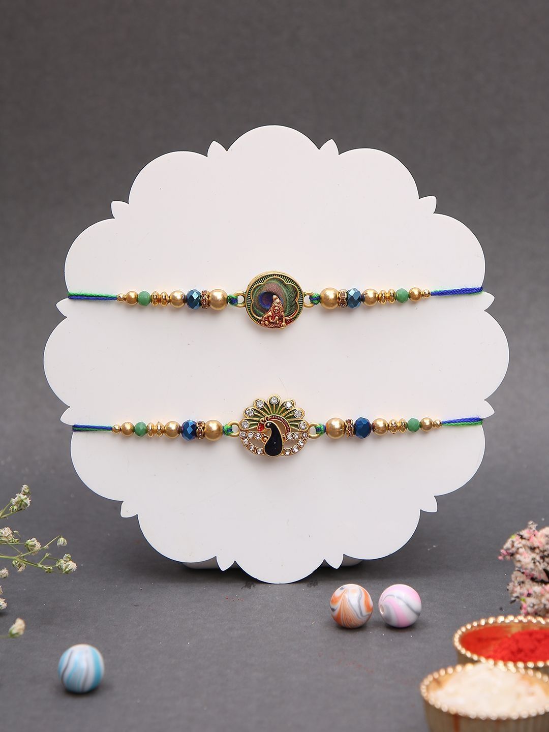 Sangria Set of 2 Enamel Peacock Charms Rakhi & Roli Rice with Greeting Card-picture-53