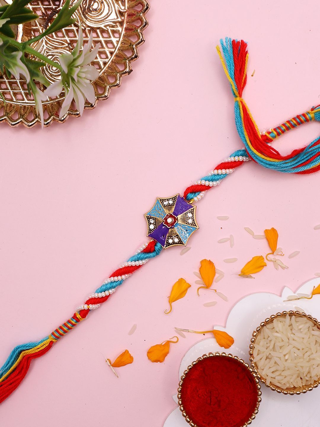 Sangria Mosaic Star Rakhi with Vibrant Thread Weave & Roli Rice Greeting Card-image-33