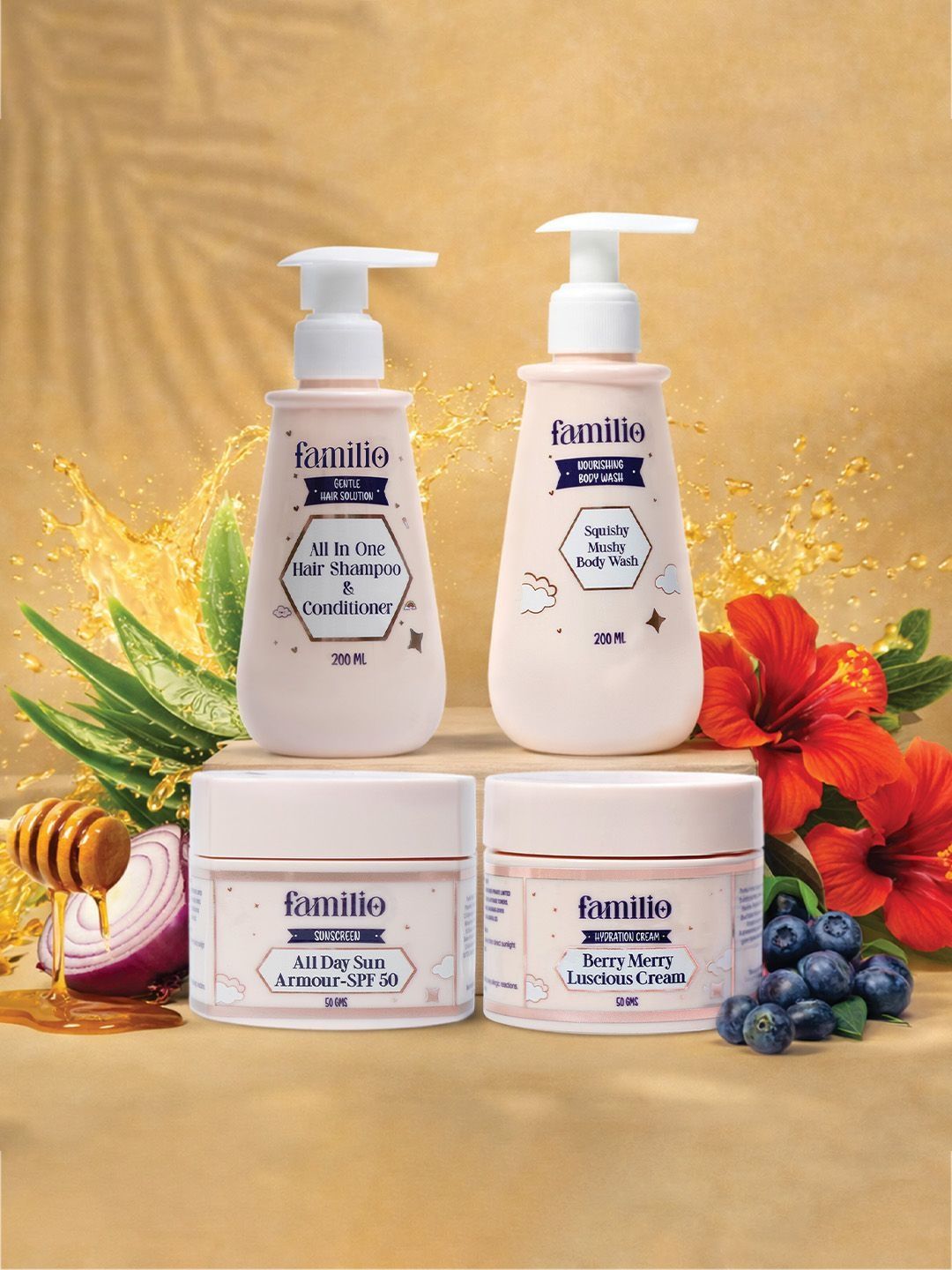 Familio Set Of 4 Shampoo Squishy Mushy Body Wash Sunscreen & Berry Merry Luscious Cream-picture-16