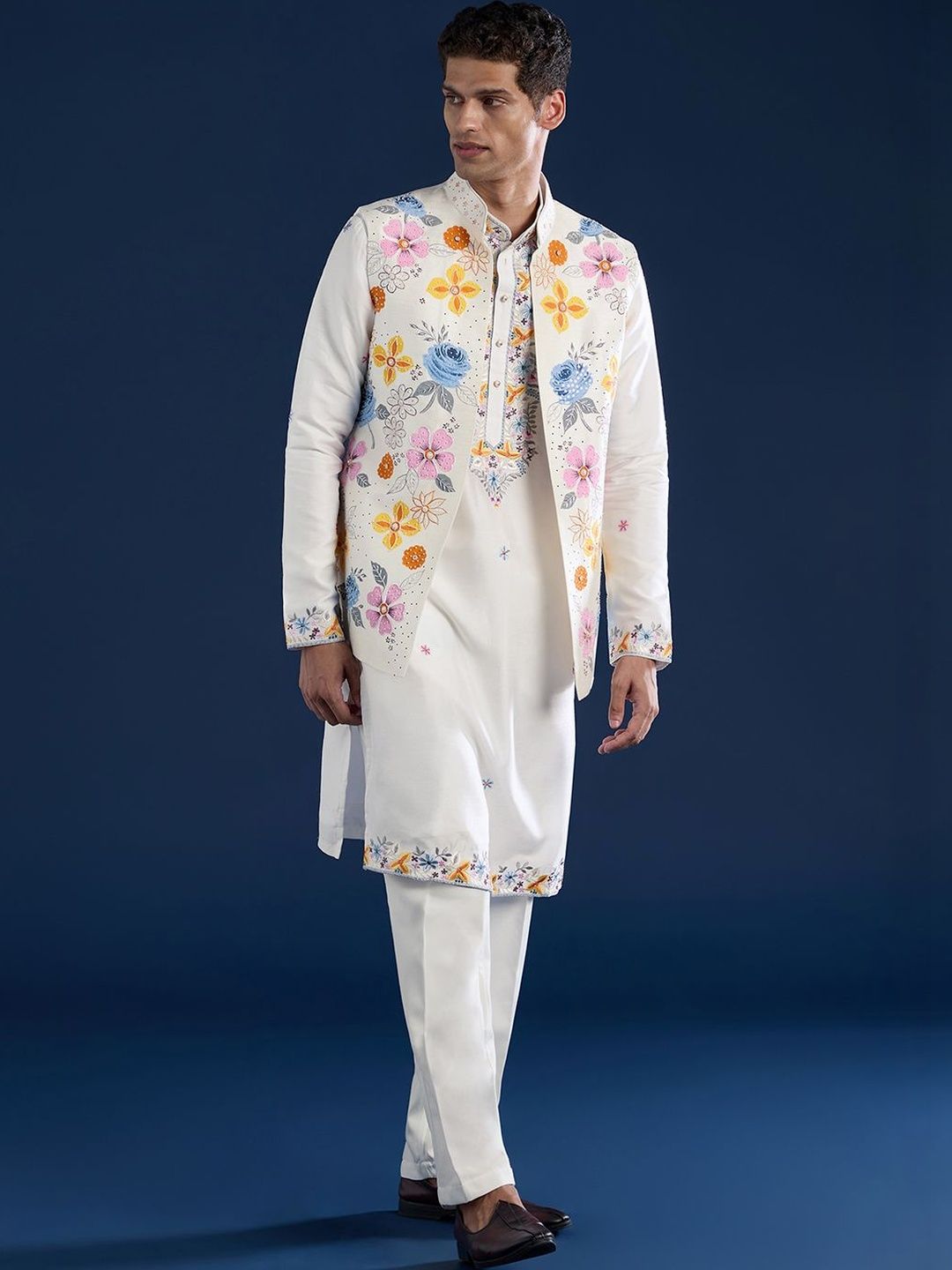 KALKI Fashion Men Floral Embroidered Regular Thread Work Kurta with Trousers-picture-27