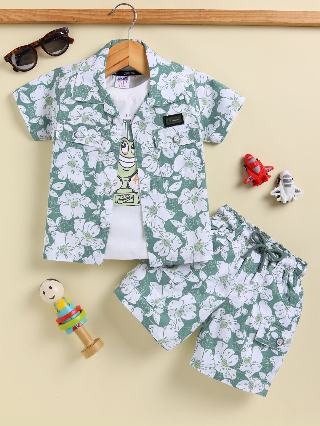 UNO KIDS Boys Floral Printed T-shirt and Shirt with Shorts-picture-10