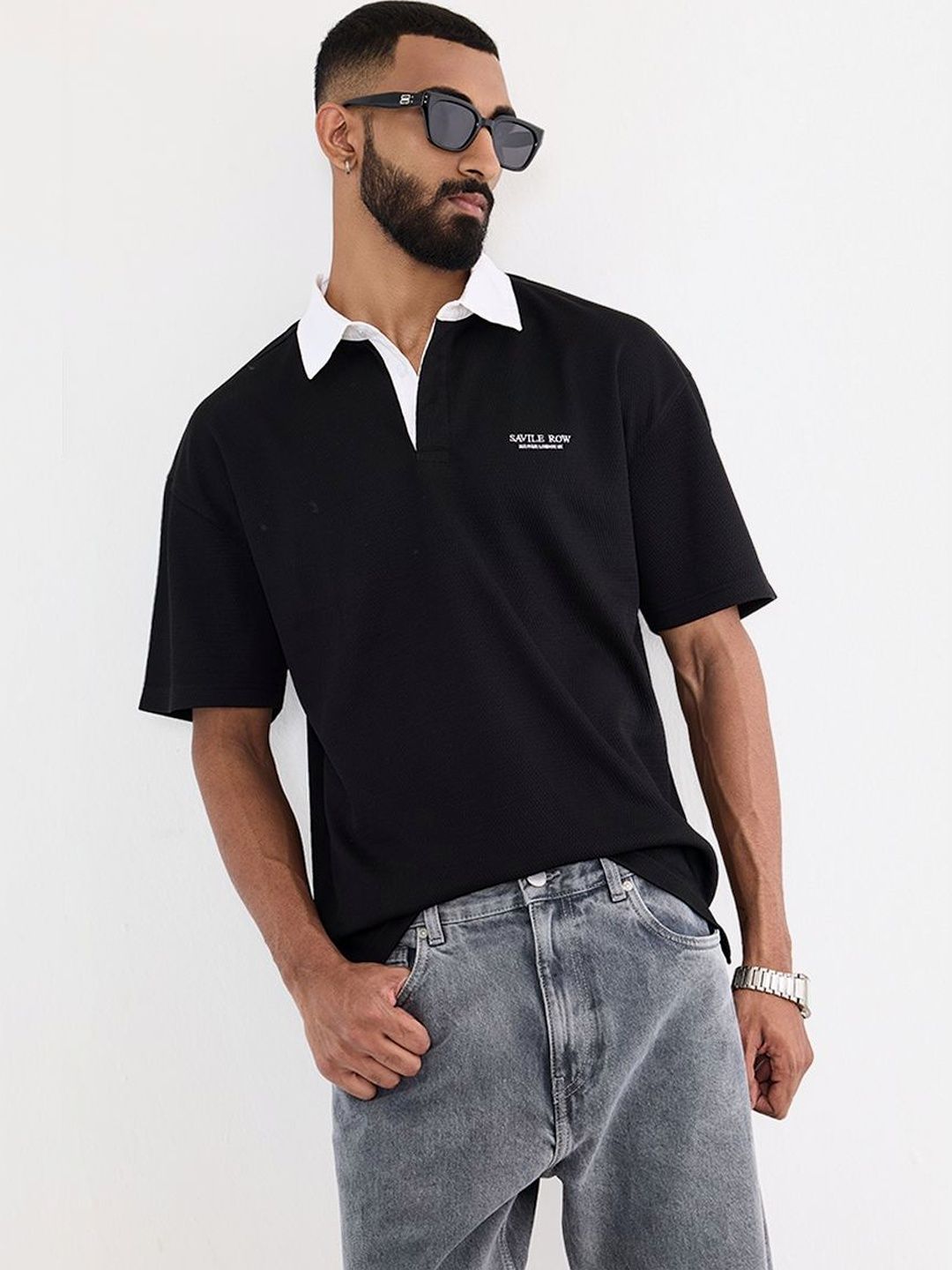 Snitch Men Brand Logo Polo Collar Drop-Shoulder Sleeves T-shirt