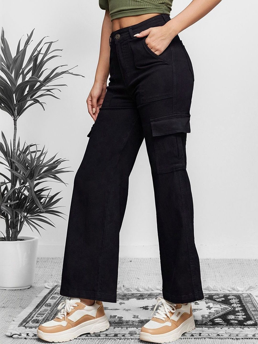 Mast & Harbour Women Wide-Leg High-Rise Clean-Look Stretchable Denim Cargo Jeans-picture-27