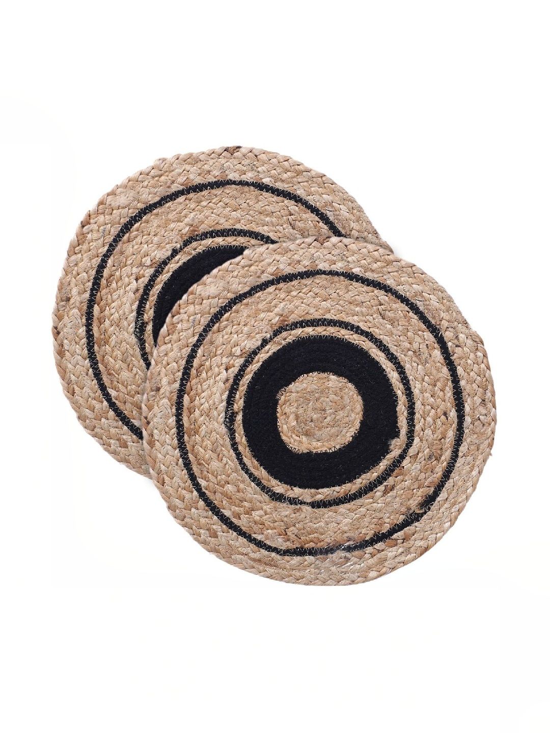 Siya Textiles Set Of 2 Beige & Black Colourblocked Jute Round Table Placemats-image-16