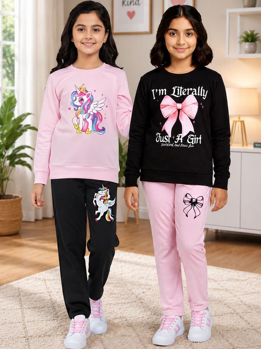 KEESOR Girls Pack Of 2 Printed Full Sleeves T-Shirt & Lounge Pants Clothing Set-picture-25