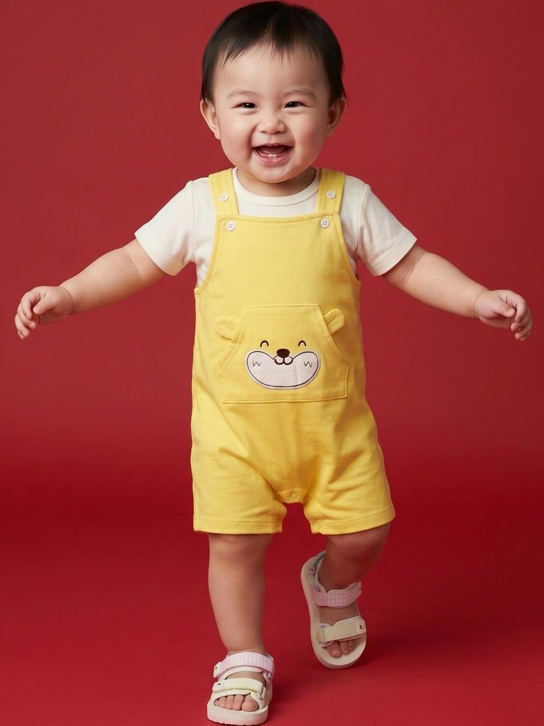 Nauti Nati Boys Yellow Animal Applique Pure Cotton Straight Leg Half Sleeve Dungaree With T-Shirt-picture-31