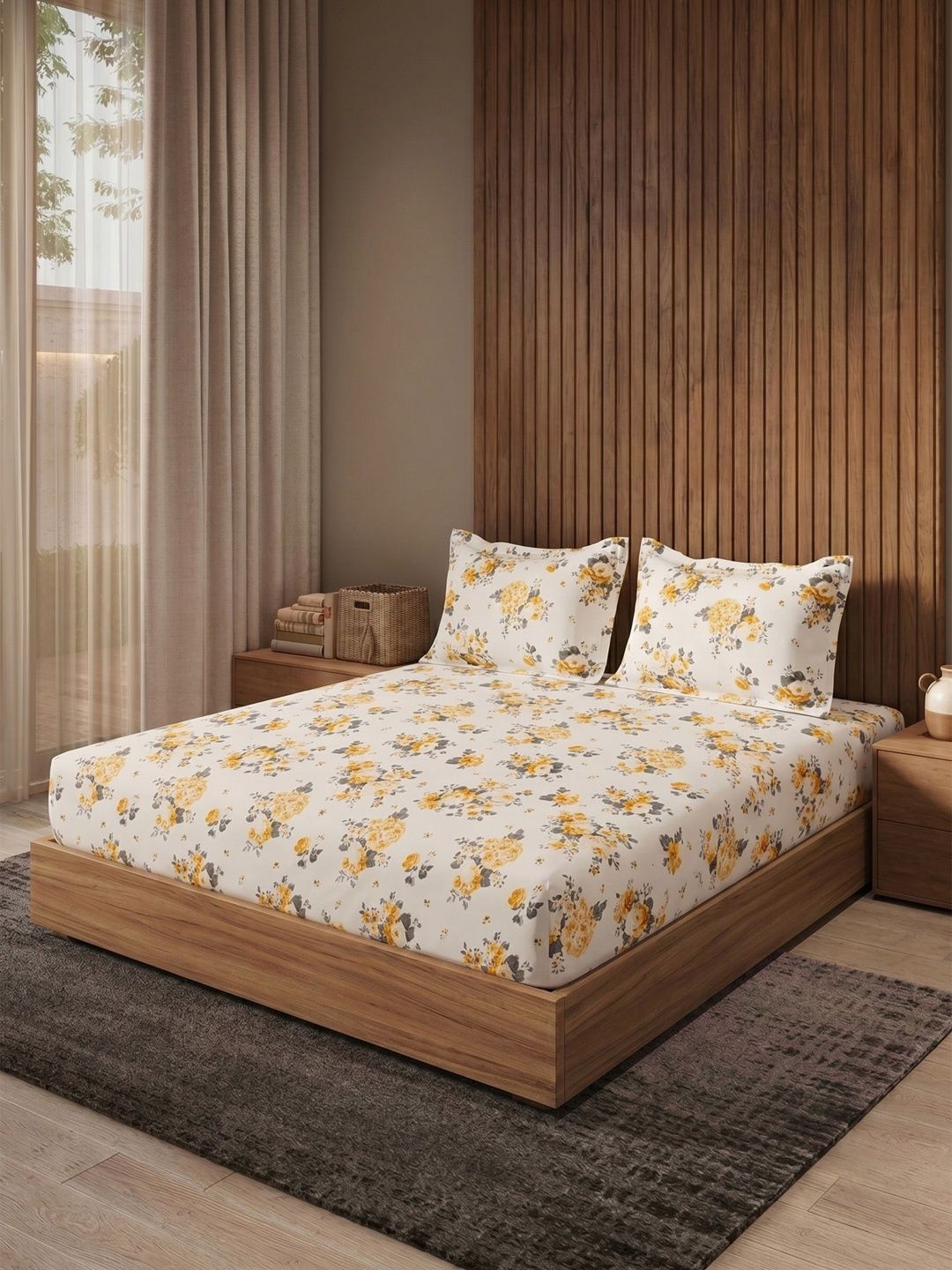 DDecor Yellow & White Floral 144 TC Queen Bedsheet with 2 Pillow Covers-image-39