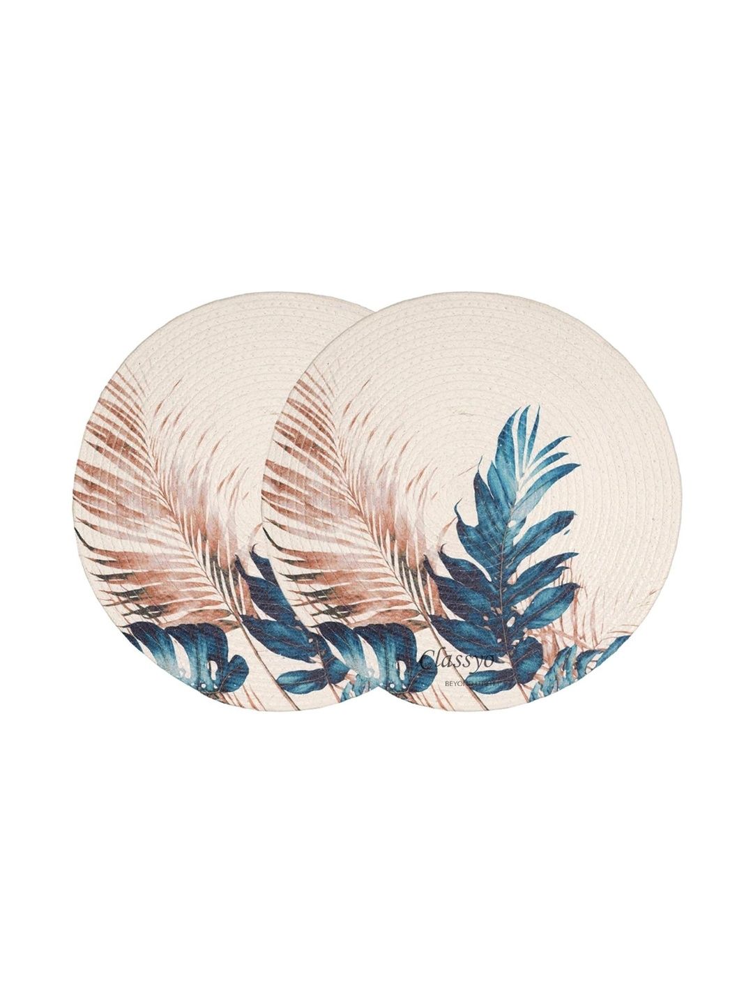 Siya Textiles White & Teal Blue Printed Cotton Round 2-Pcs Table Placemats-image-43