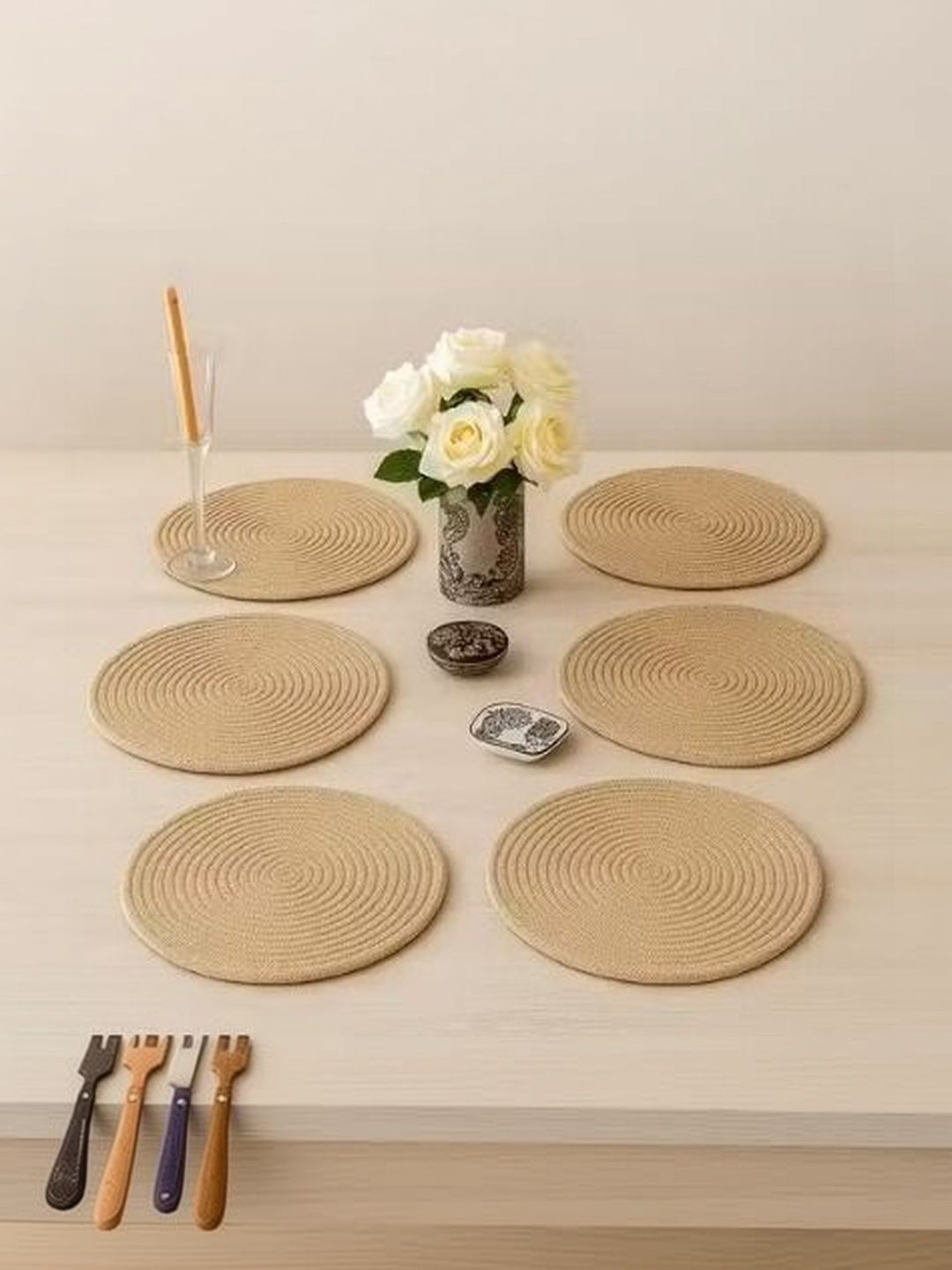 Siya Textiles 6-Pcs Beige Textured Round Table Placemats-image-12