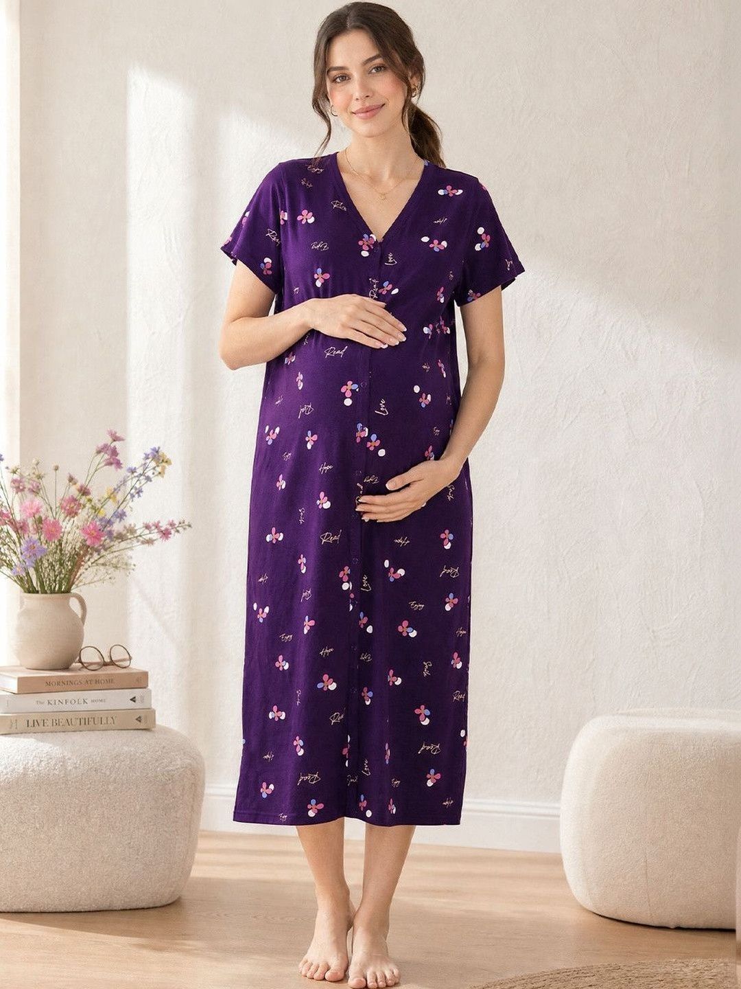 Secret Wish Printed Zipless Maternity Hosiery Midi Nightdress-picture-26