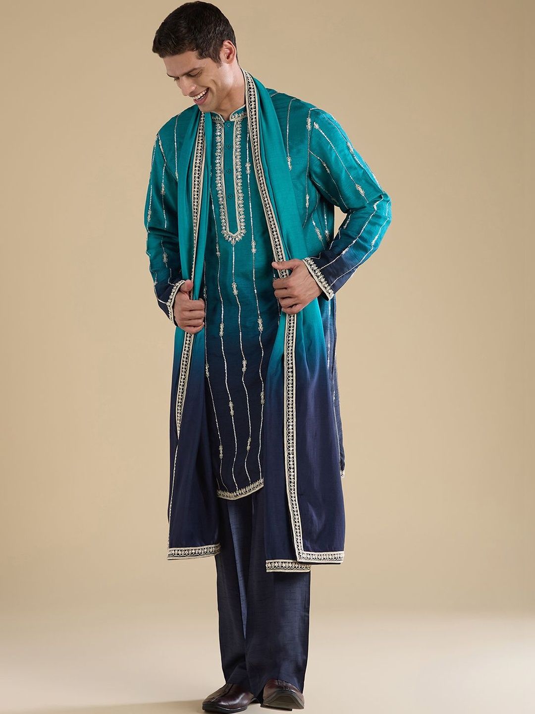 KALKI Fashion Men Ombre Embroidered Regular Sequinned Kurta with Trousers & With Dupatta-picture-38