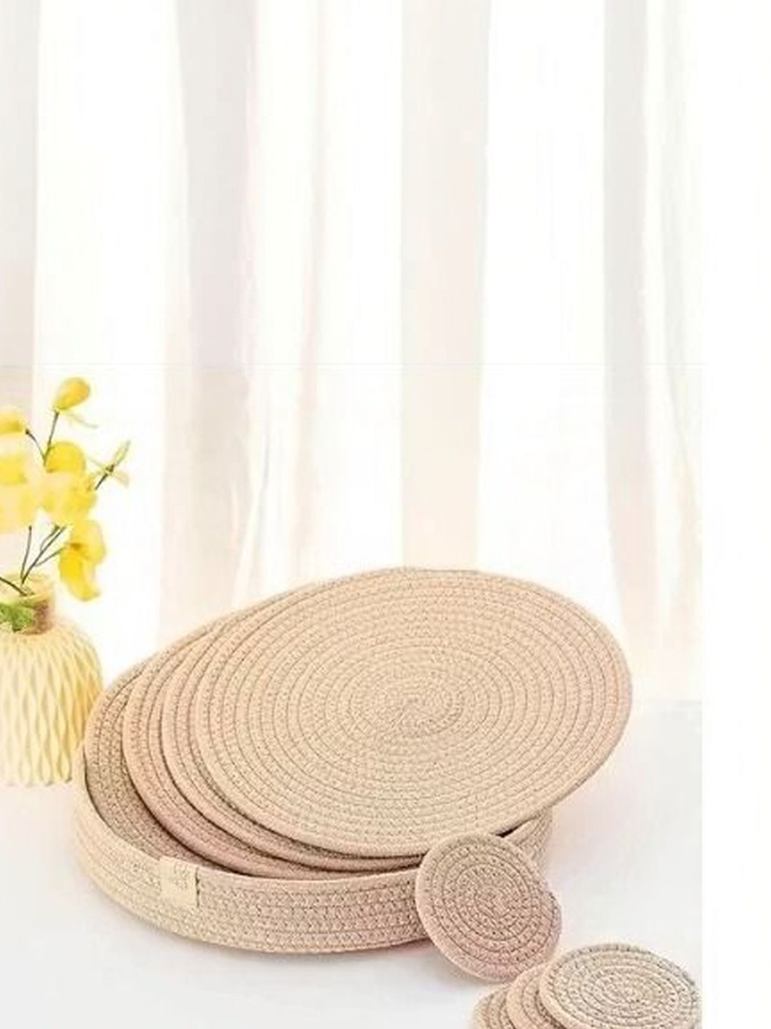 Siya Textiles 5 Pieces Beige Cotton Round Table Placemats & Basket-image-46