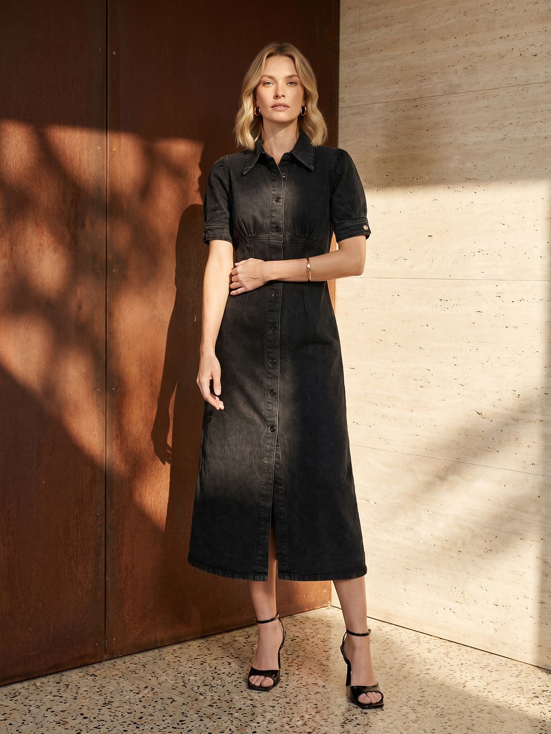 French Connection Puff Sleeve Shirt Style Midi Dress-picture-26