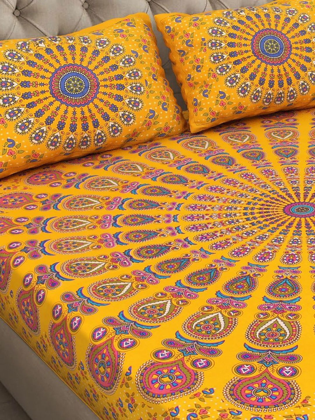 E Elma Yellow & Pink Floral 144 TC Bedsheet with 2 Pillow Covers-image-9