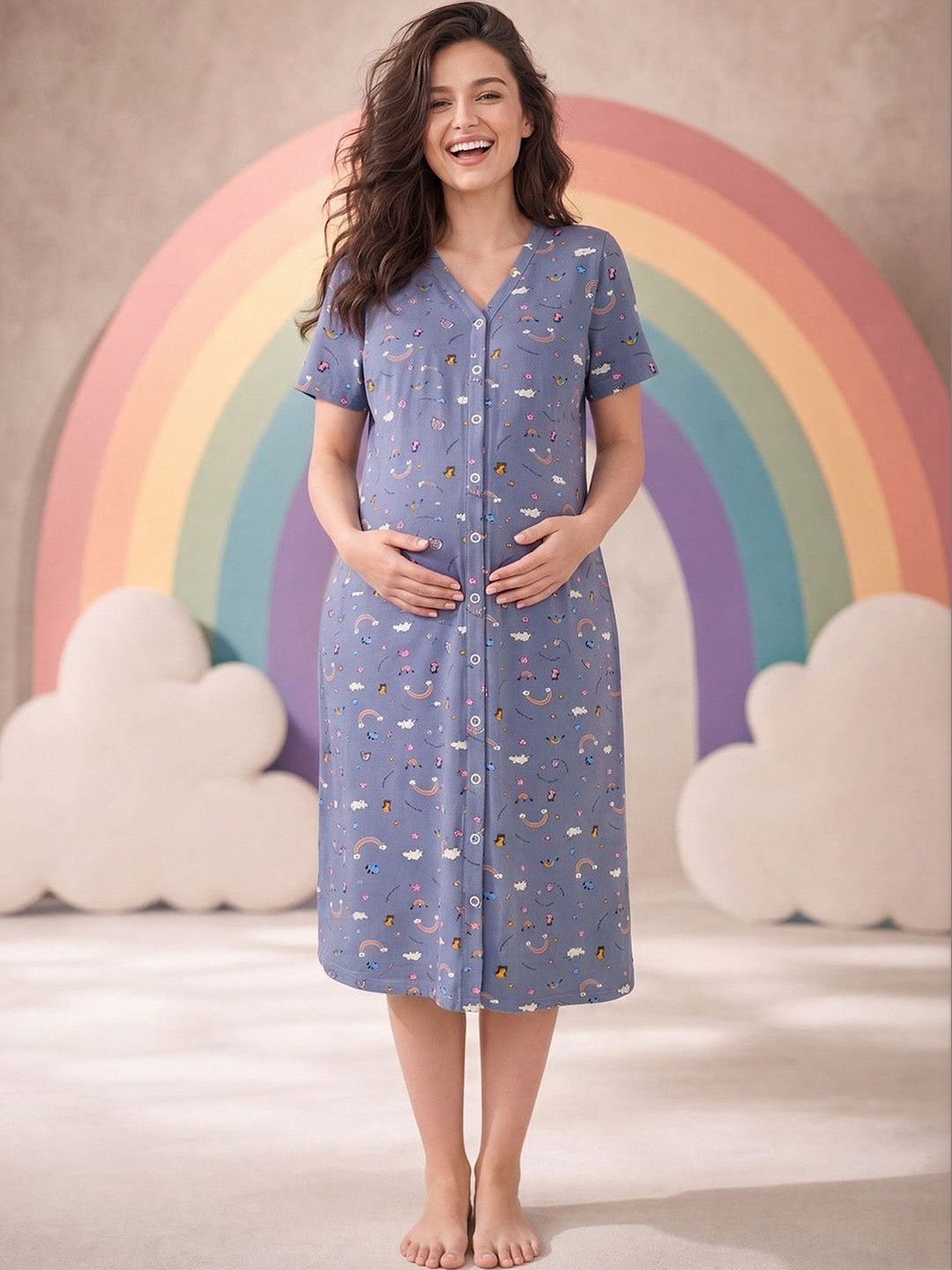 Secret Wish Printed Zipless Maternity Hosiery Midi Nightdress-picture-10
