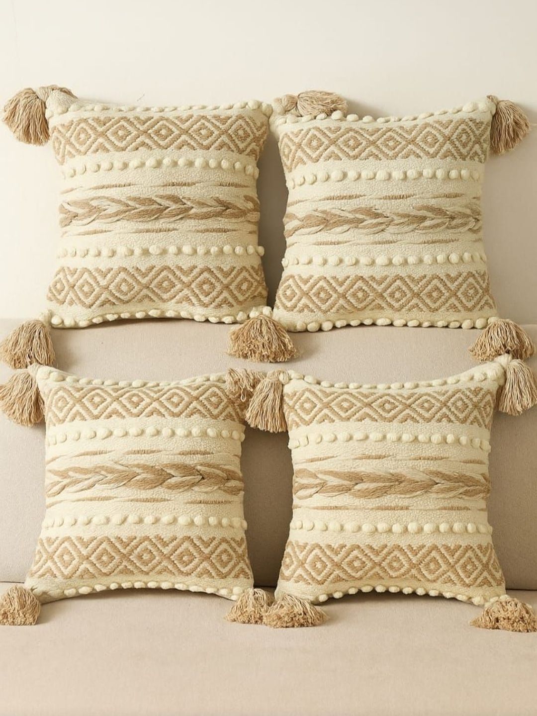 Jutiepie Beige & Multicoloured Set of 4 Geometric Square Cushion Covers-picture-52