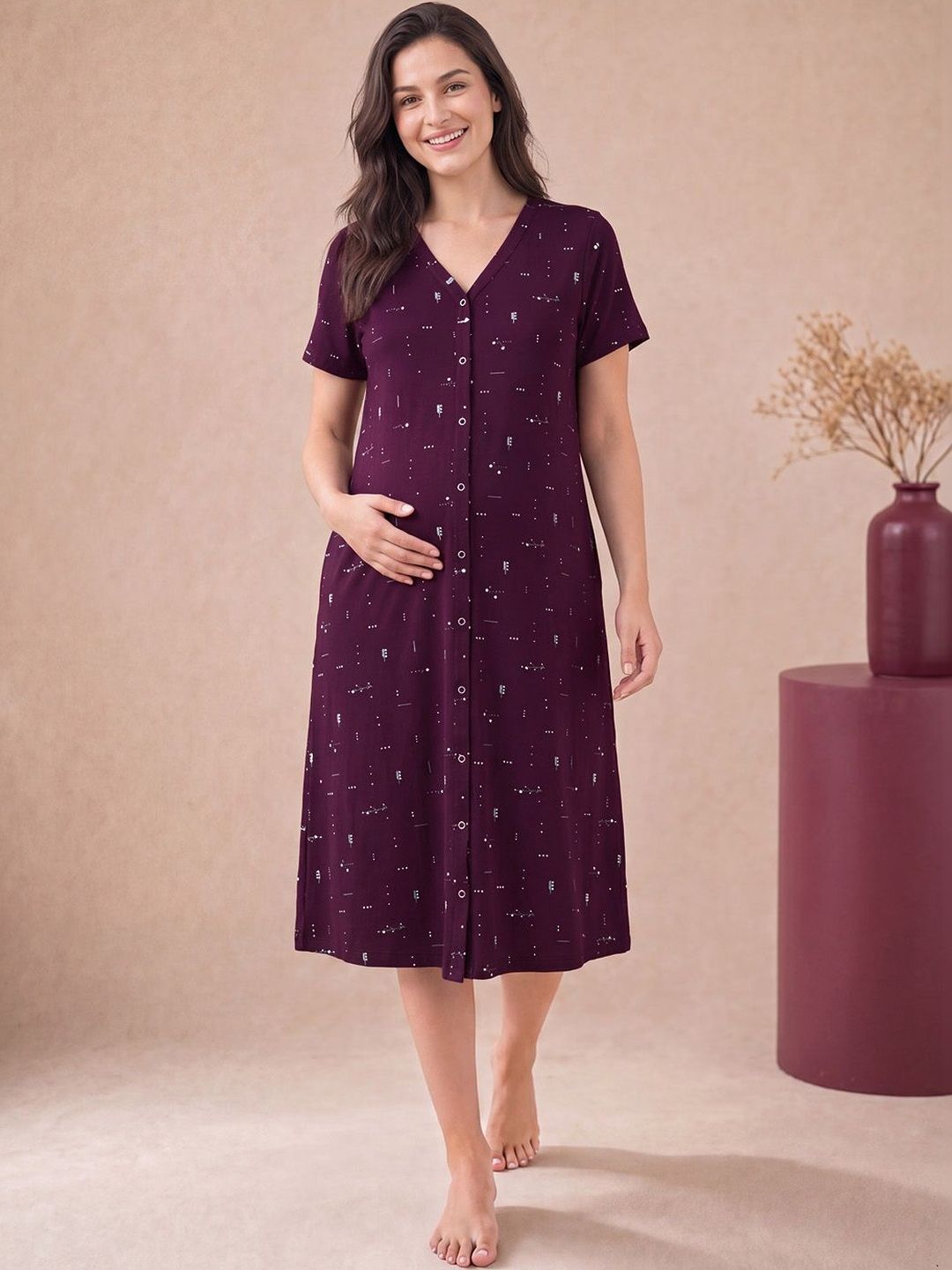 Secret Wish Printed Zipless Maternity Hosiery Midi Nightdress-picture-26