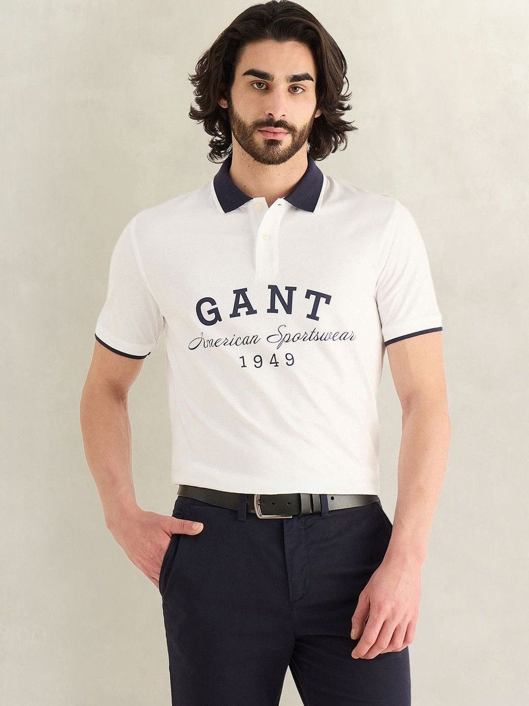 Gant Men White Printed Regular Fit Pure Cotton Polo T-Shirt-image-24