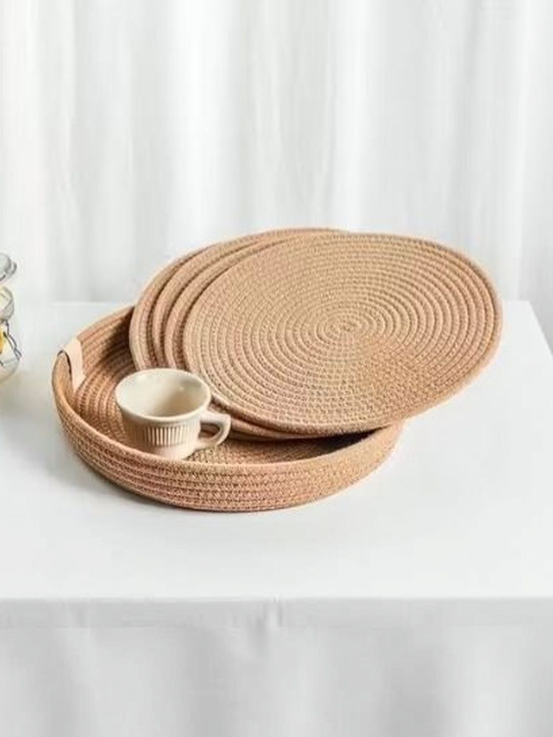 Siya Textiles 5 Pieces Beige Cotton Round Table Placemats & Basket-image-41
