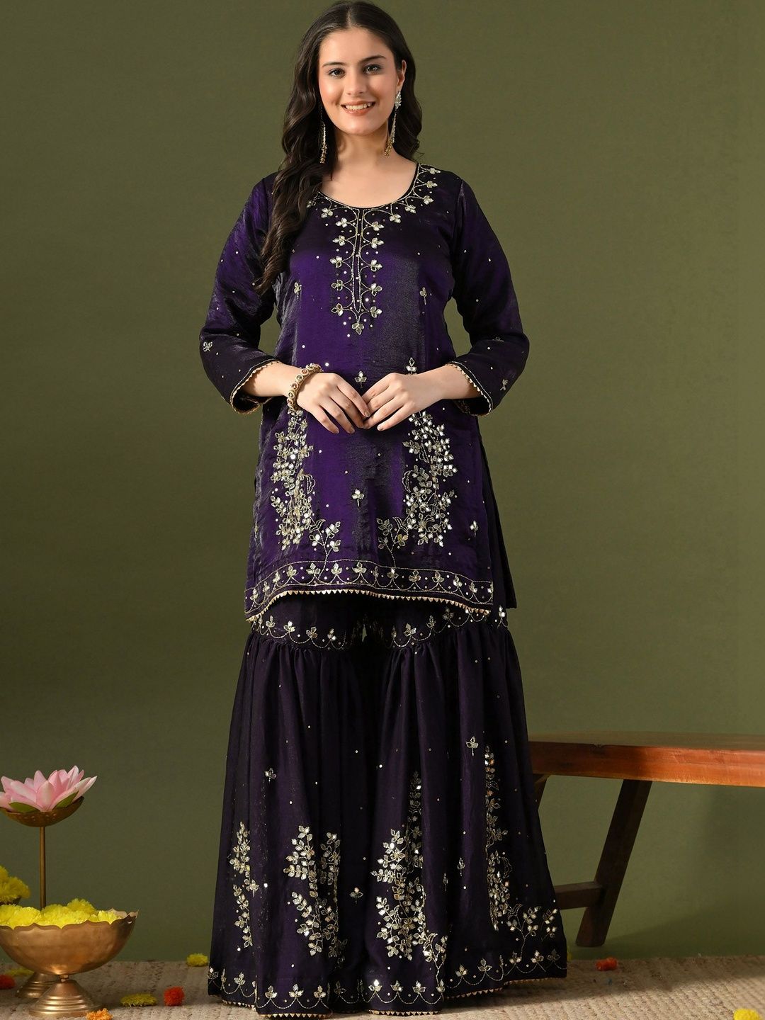 ZARIKALI Women Ethnic Motifs Embroidered Regular Mirror Work Pure Silk Kurta with Sharara & With Dupatta-picture-45
